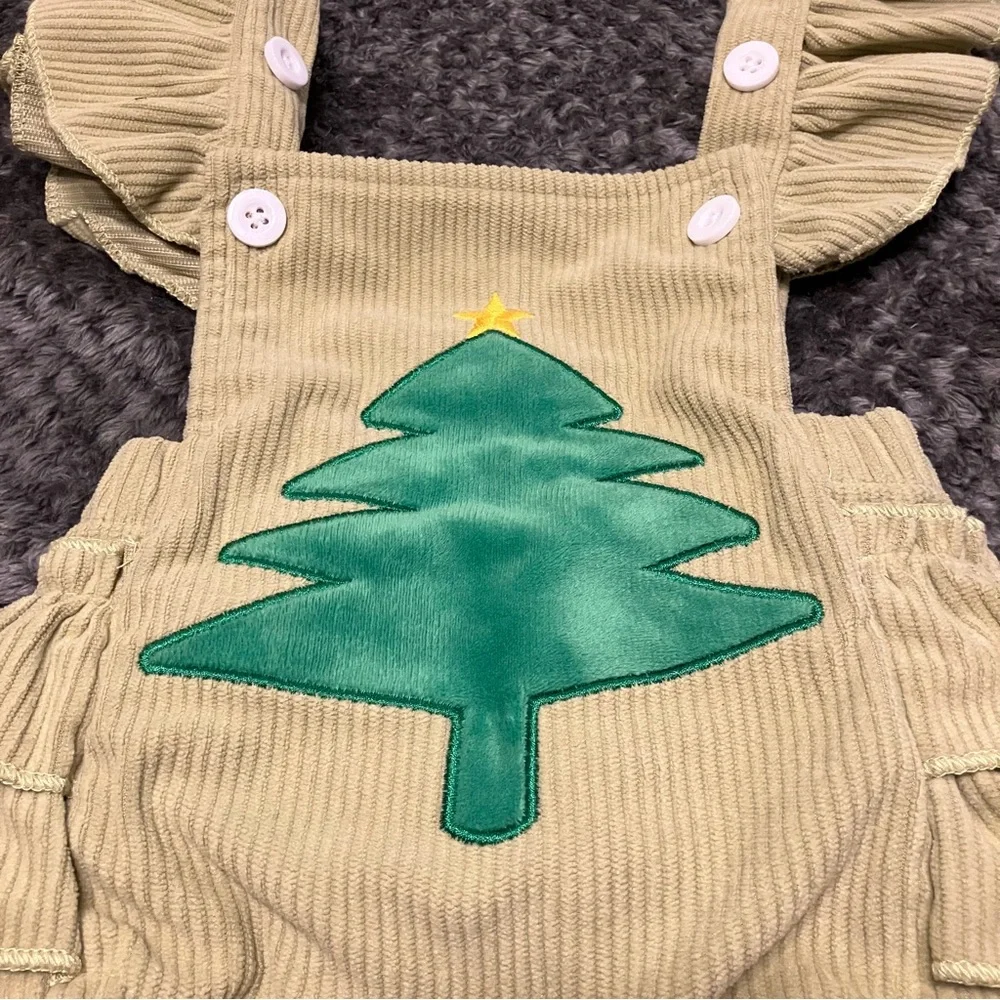 Girls Green Embroidered Christmas Tree Corduroy Overalls Romper/Jumpsuit Sz 3-6M